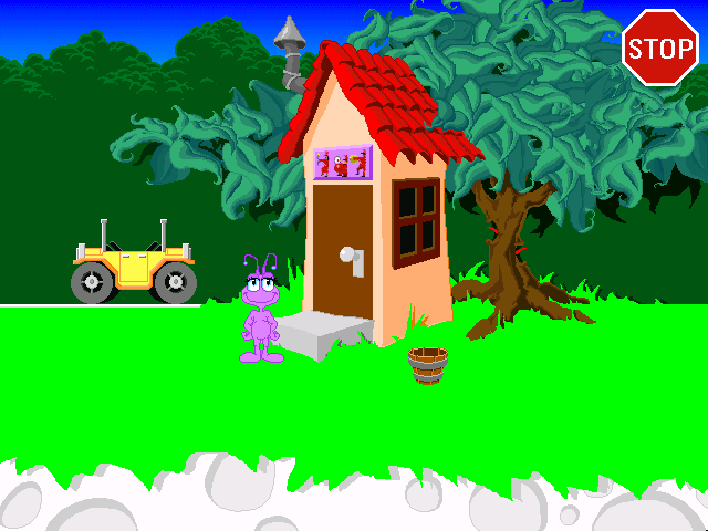 A screenshot from Early Math, of the purple alien Loid standing outside his house.